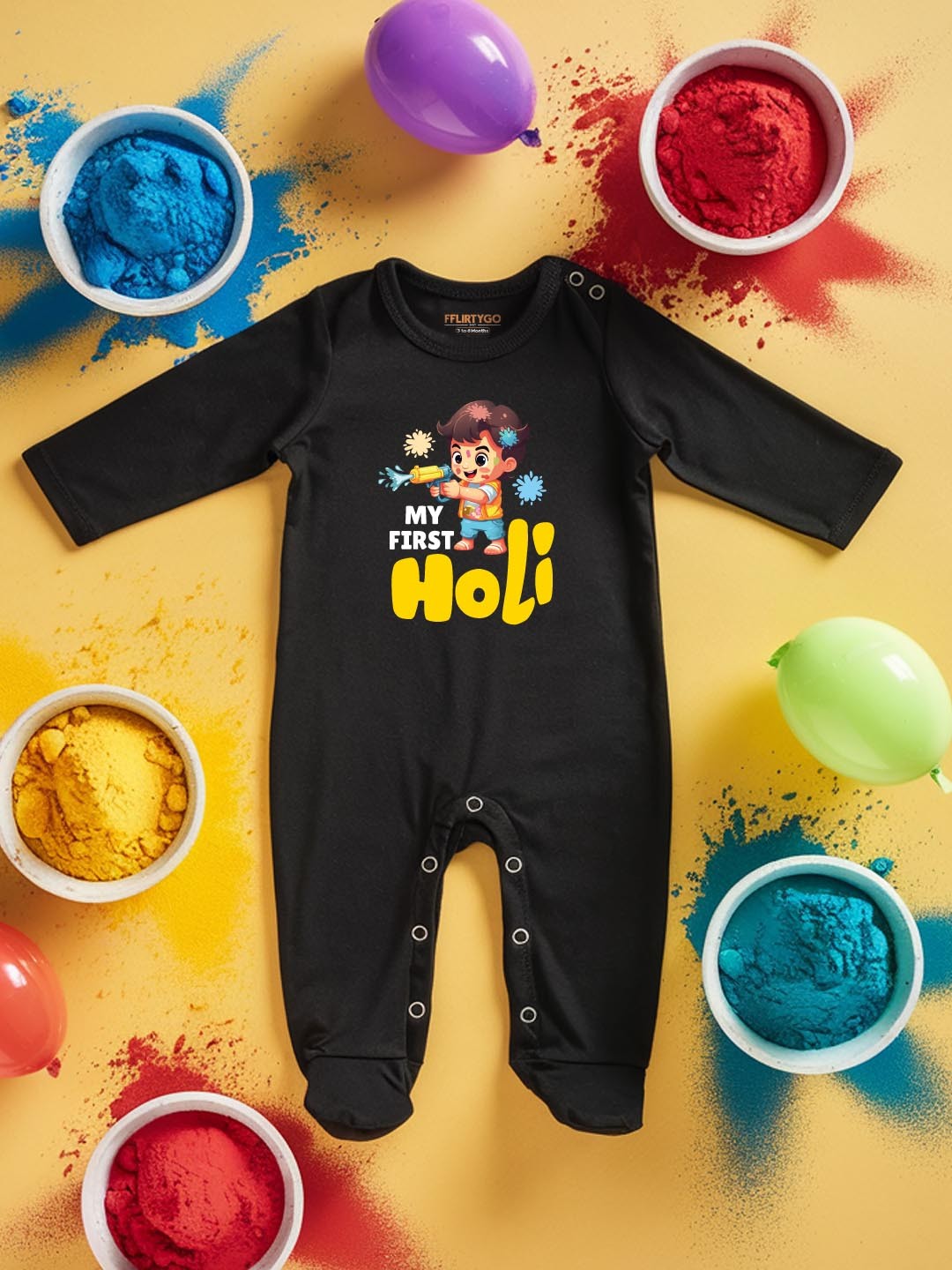 

FFLIRTYGO Infants Holi Printed Cotton Sleepsuit, Black