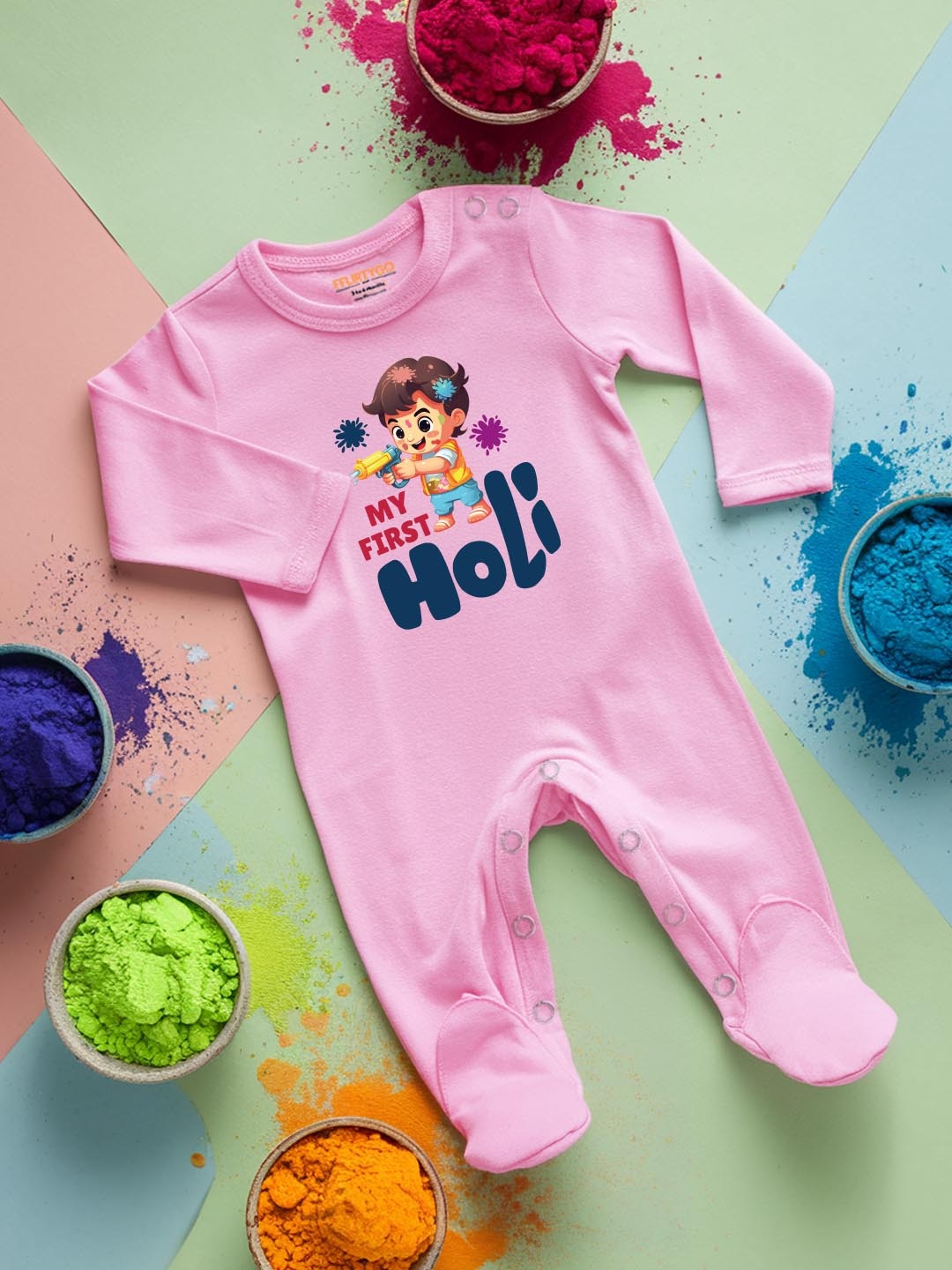 

FFLIRTYGO Infants Holi Printed Cotton Sleepsuit, Pink