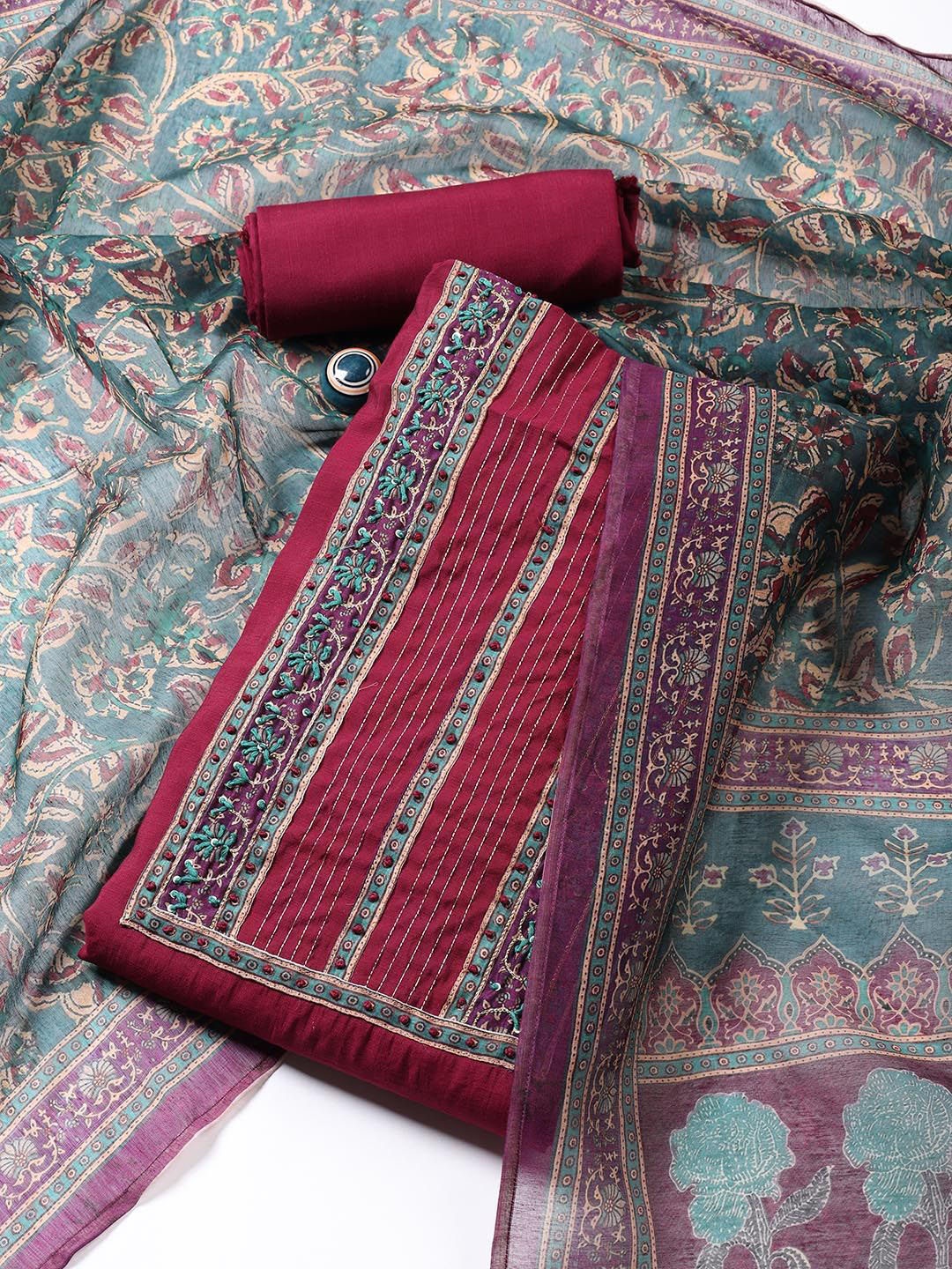 

Meena Bazaar Floral Embroidered Thread Work Unstitched Dress Material, Magenta