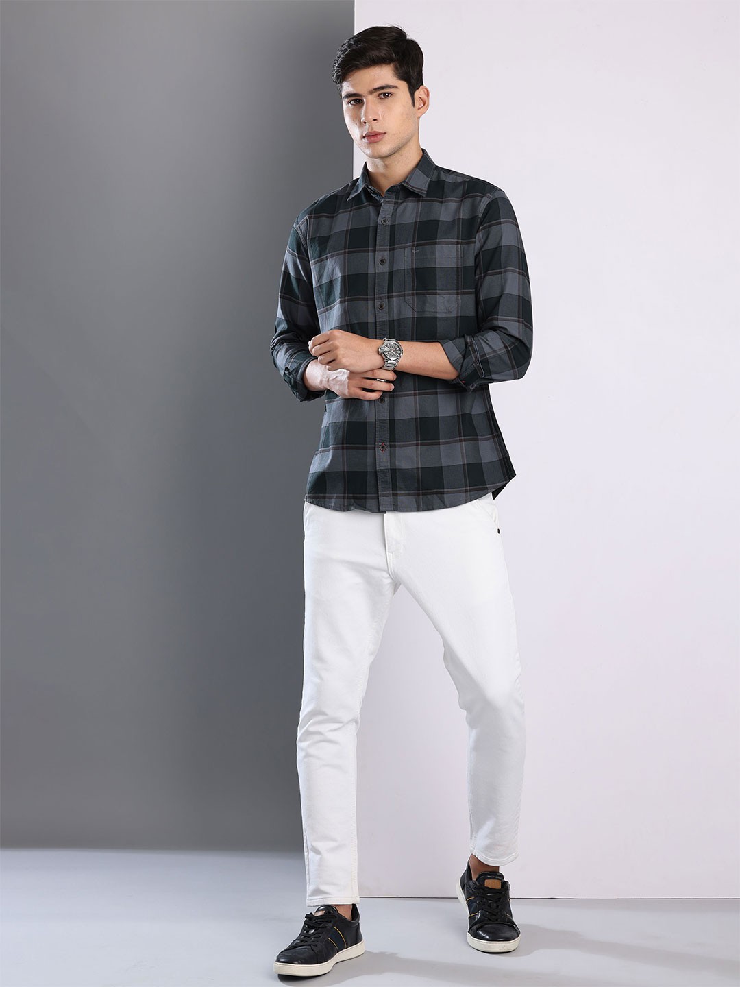 

RIGS AND RAGS Men Premium Fit Spread Collar Tartan Checked Cotton Casual Shirt, Olive