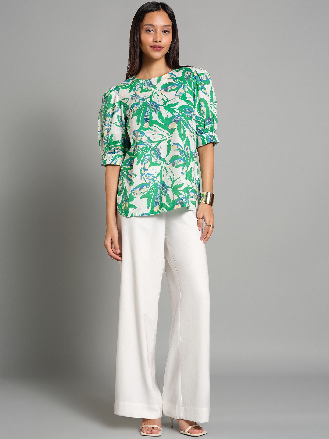 

AND Floral Print Mandarin Collar Cotton Top, Green