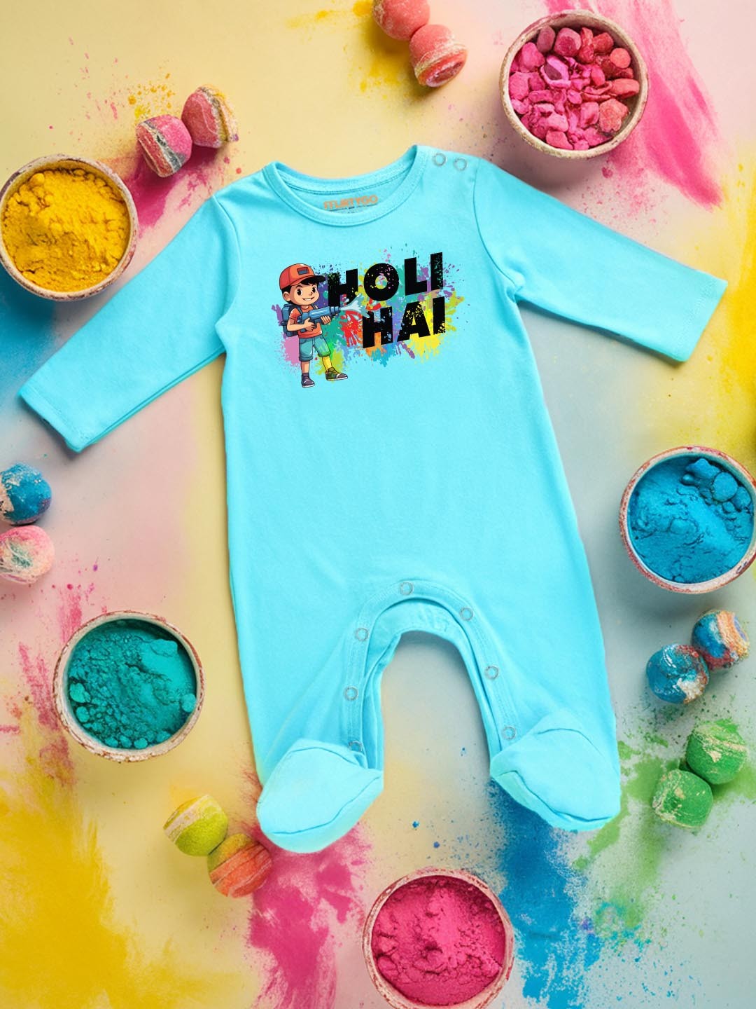 

FFLIRTYGO Infants Holi Printed Cotton Sleepsuit, Turquoise blue