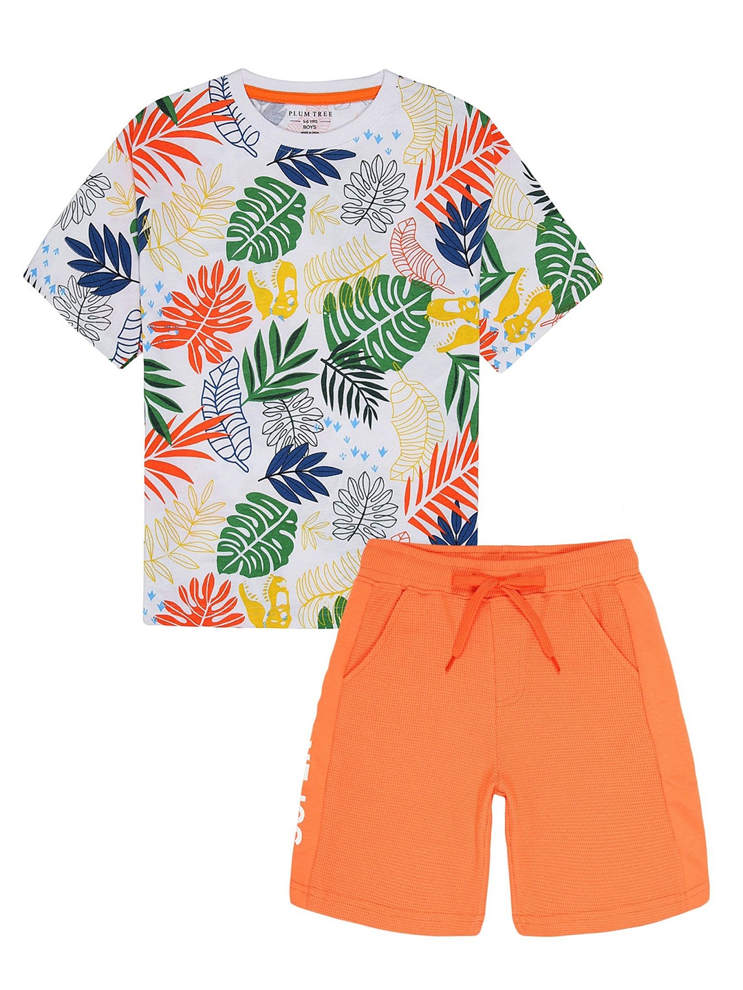

PLUM TREE Boys Printed Round Neck Pure Cotton T-Shirt With Shorts, Off white