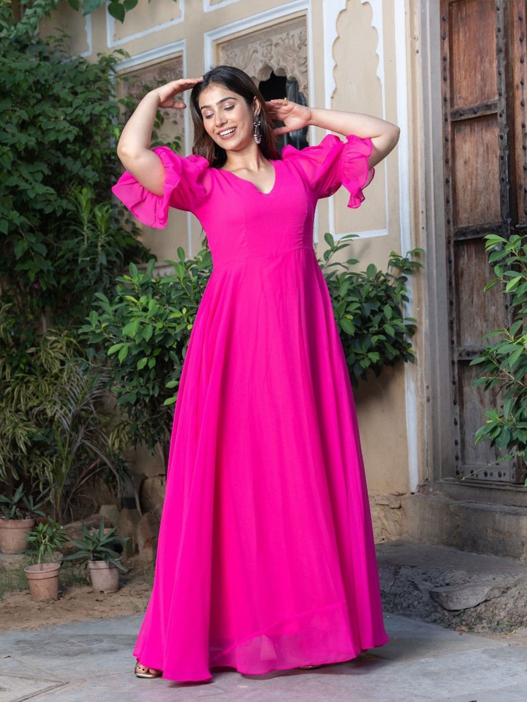 

KAJODI Women V-Neck Puff Sleeves Maxi Gown Dress, Pink