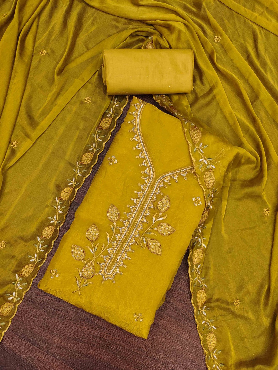 

Blissta Floral Embroidered Sequinned Chiffon Unstitched Dress Material, Mustard