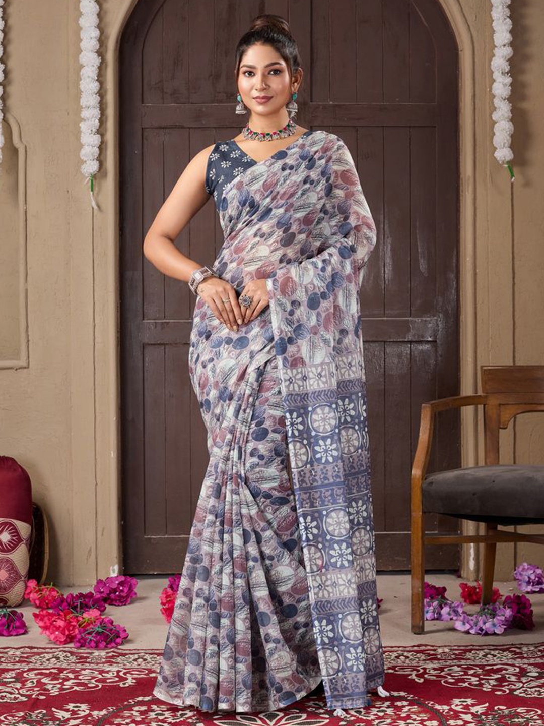 

Fashion FRICKS Printed Silk Cotton Saree, Navy blue
