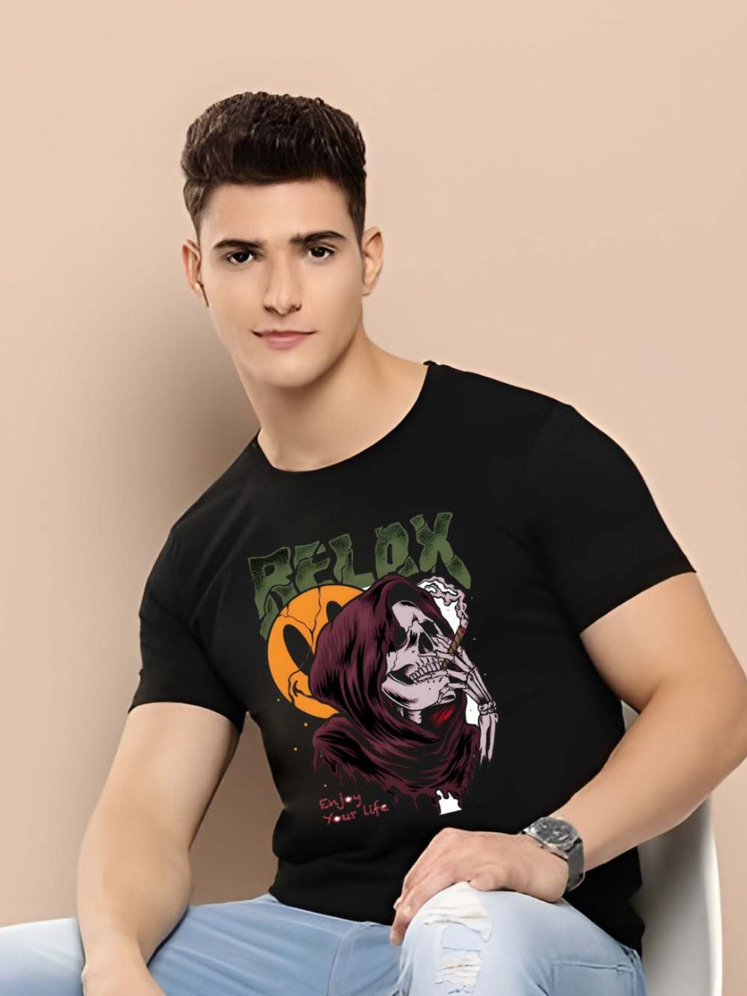 

Moda Rapido Men Typography Printed Round Neck Cotton Slim Fit T-shirt, Black