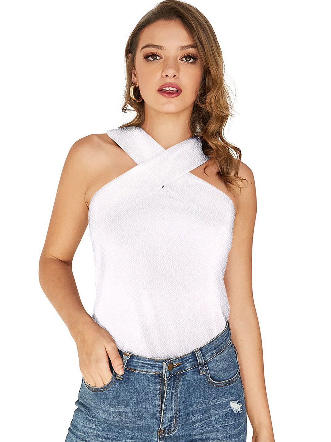 

S.K.C Women Halter Neck Sleeveless Fitted Top, White