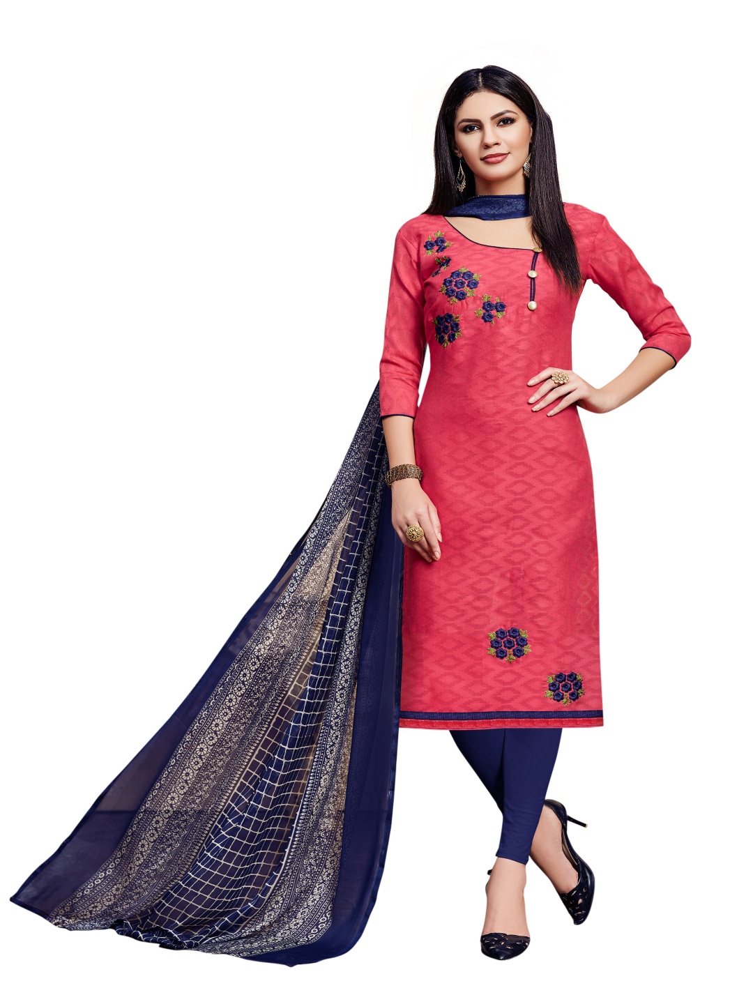 

HERE&NOW Floral Embroidered Unstitched Dress Material, Pink