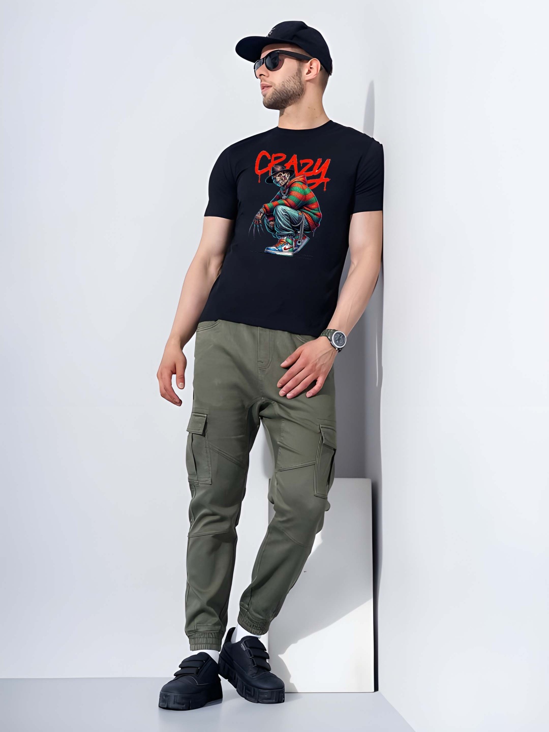

Krimmple Men Drop-Shoulder Sleeves Pure Cotton T-shirt, Black