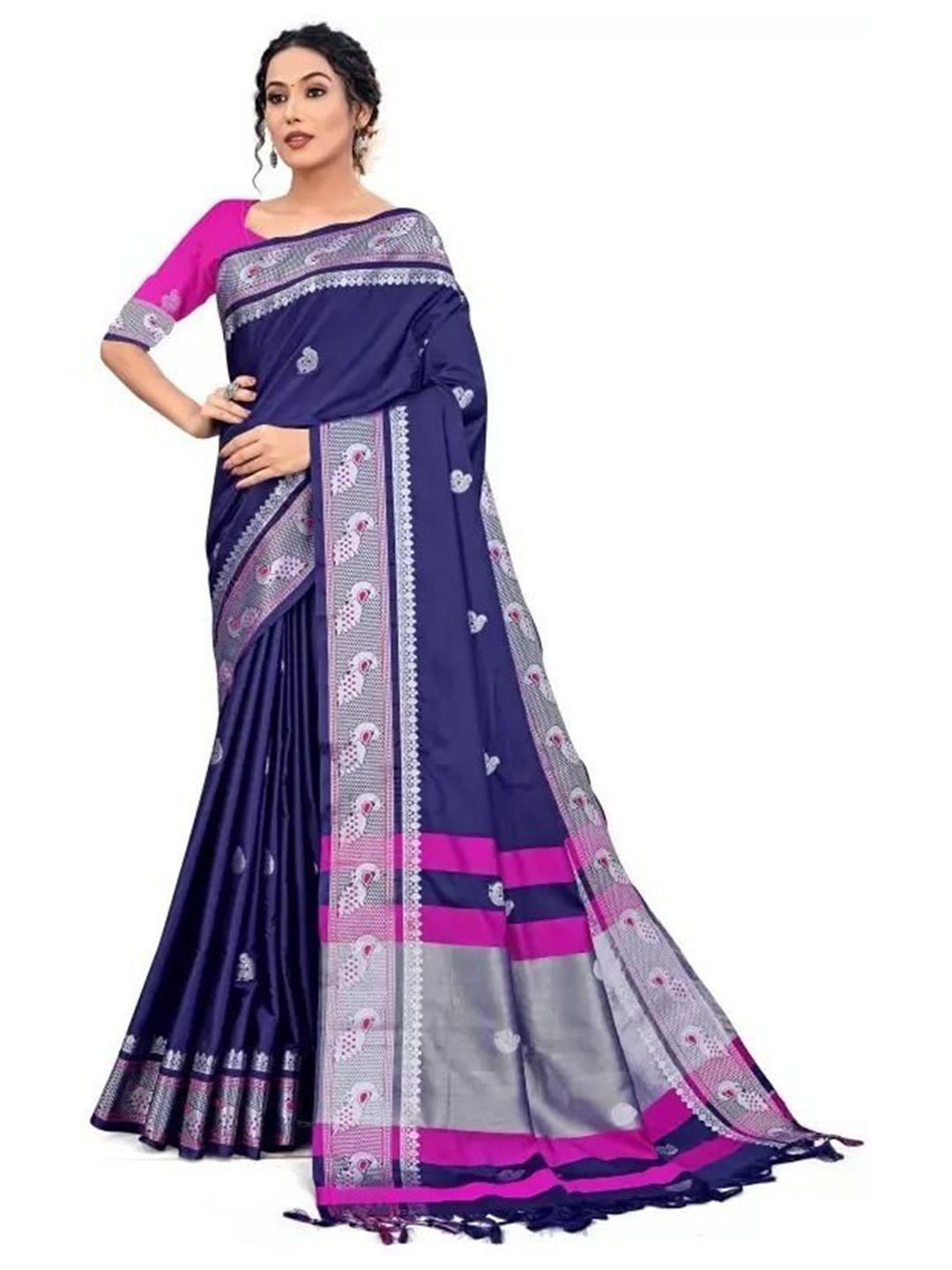 

bansari textiles Woven Design Zari Maheshwari Saree, Blue