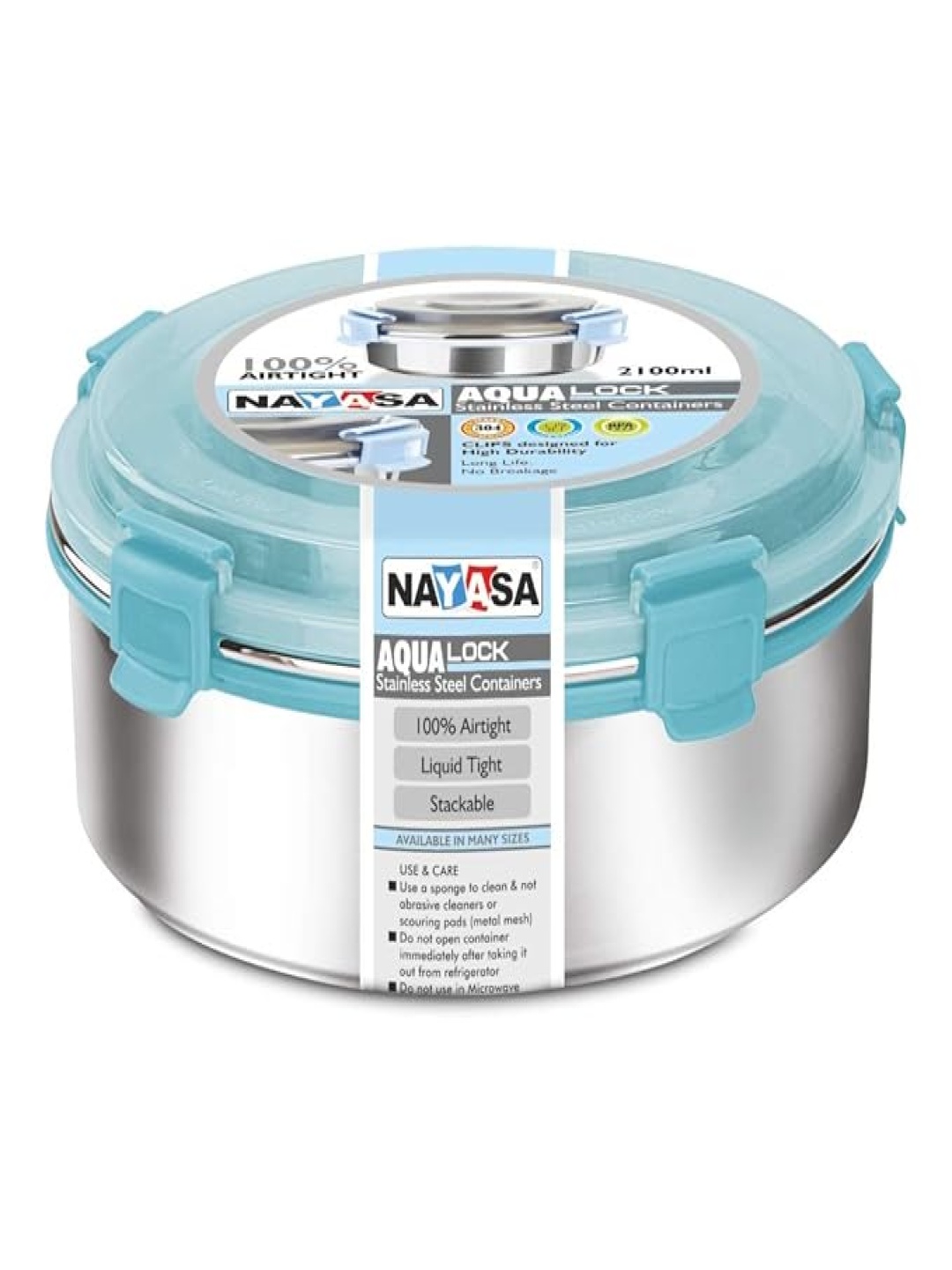 

Nayasa Blue Aqua Lock Round Stainless Steel Airtight Leakproof Lunchbox- 2100 ml