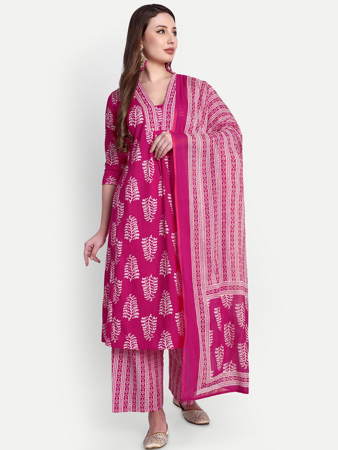 

Hujum Floral Printed V-Neck Mirror Work Pure Cotton A-Line Kurta With Palazzos & Dupatta, Pink