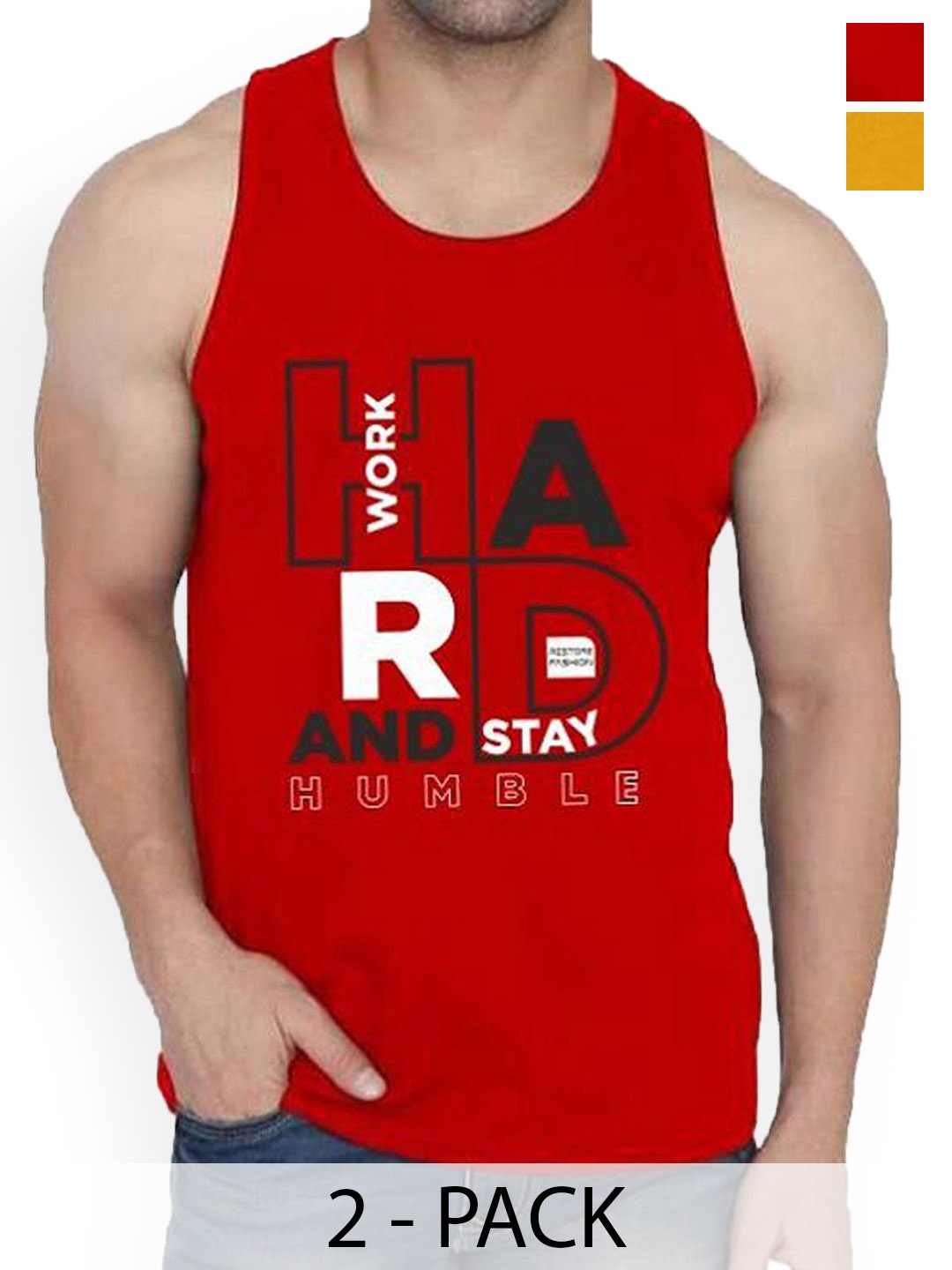 

WOOSTRO Pack Of 2 Printed Combed Cotton Gym Vest RS26 CMB (HARD RED) (RUN MUSTARD)