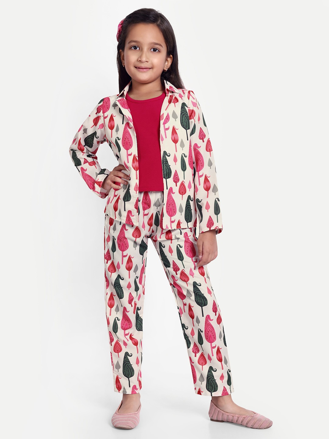 

FEBVIBE Girls Printed Notched Lapel Collar Coat With Trousers, Red