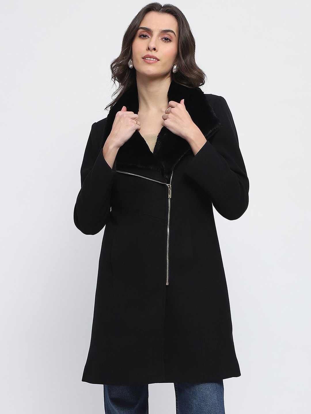 

Madame Women Single-Breasted Longline Overcoat, Black