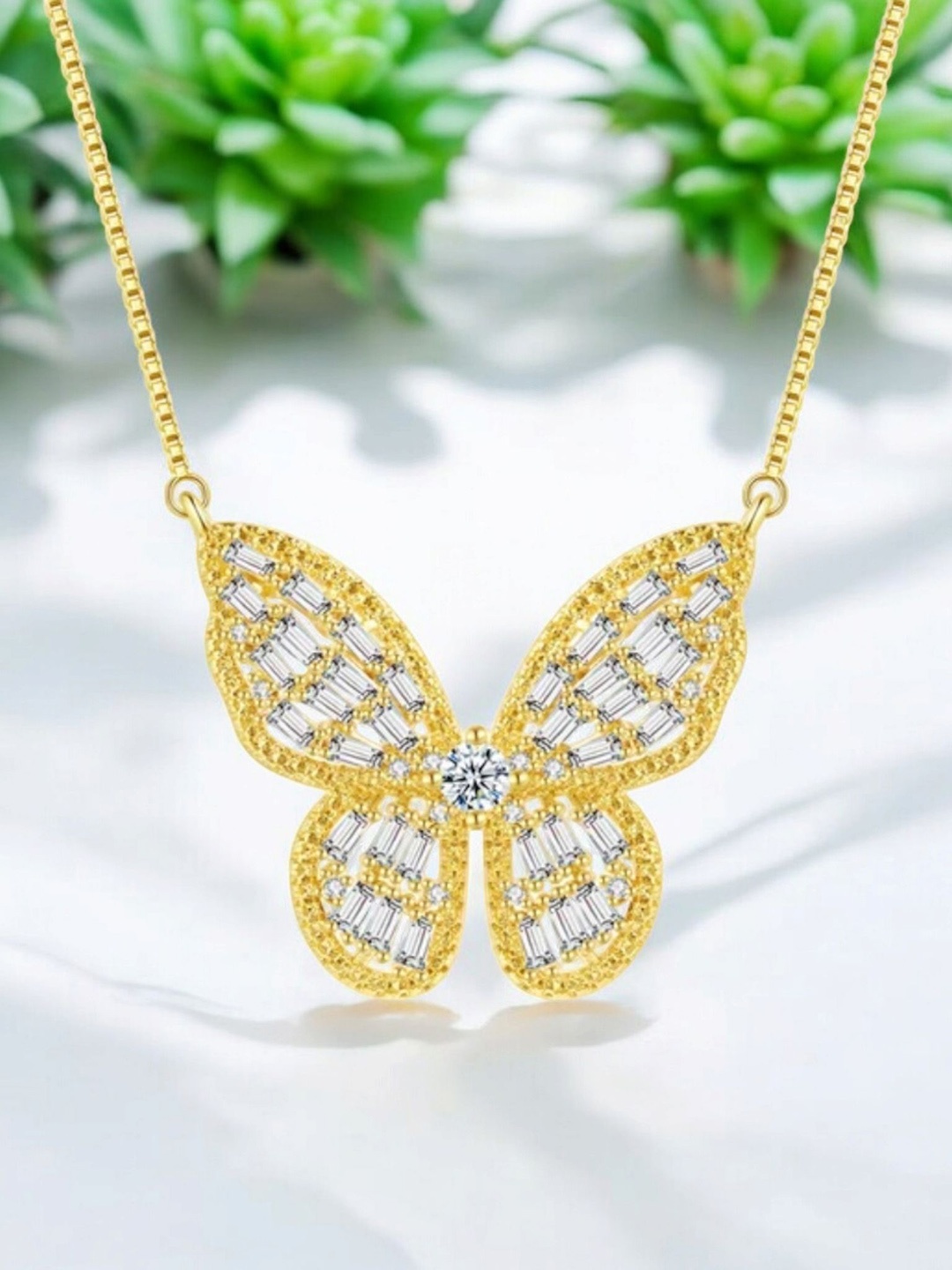 

Nilu's Collection Gold-Plated Cubic Zirconia Studded Butterfly Chain