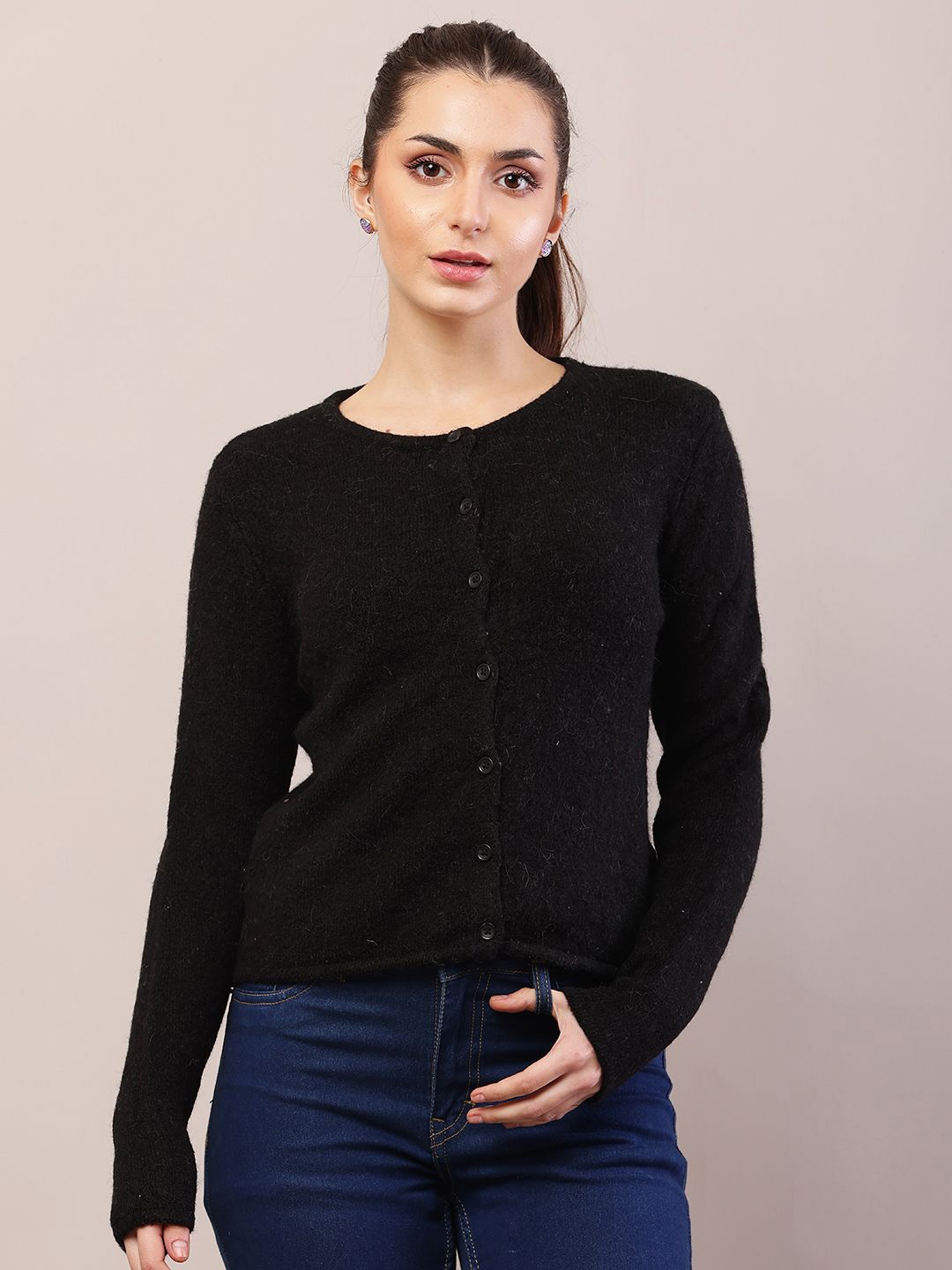 

NoBarr Women Round Neck Cardigan, Black