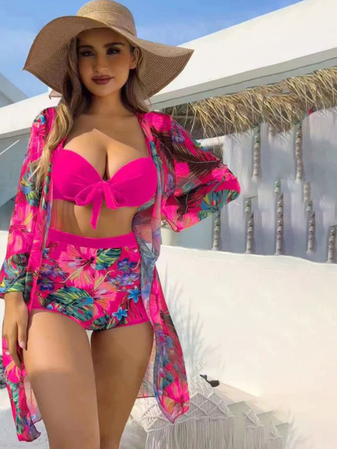 

Plus Curvves Women Tropical Printed Swimwear Coverup Set, Pink
