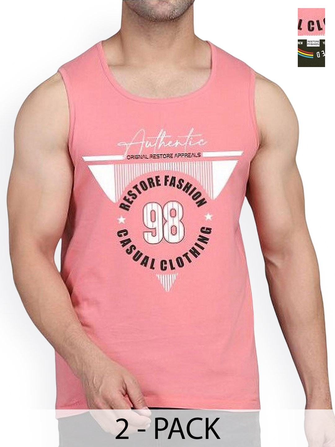 

WOOSTRO Men Pack Of 2 Printed Sleeveless Innerwear Gym Vests, Pink