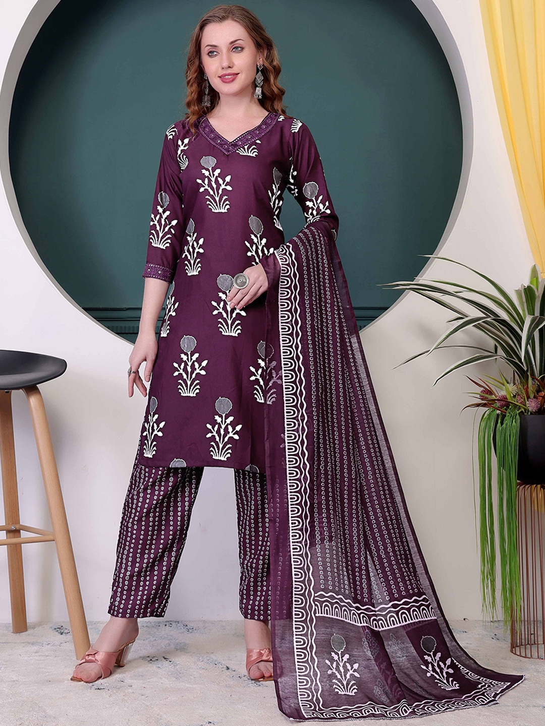 

Ethnic 3 You Floral Printed V-Neck Sequinned Pure Cotton Kurta With Trouser & Dupatta, Purple
