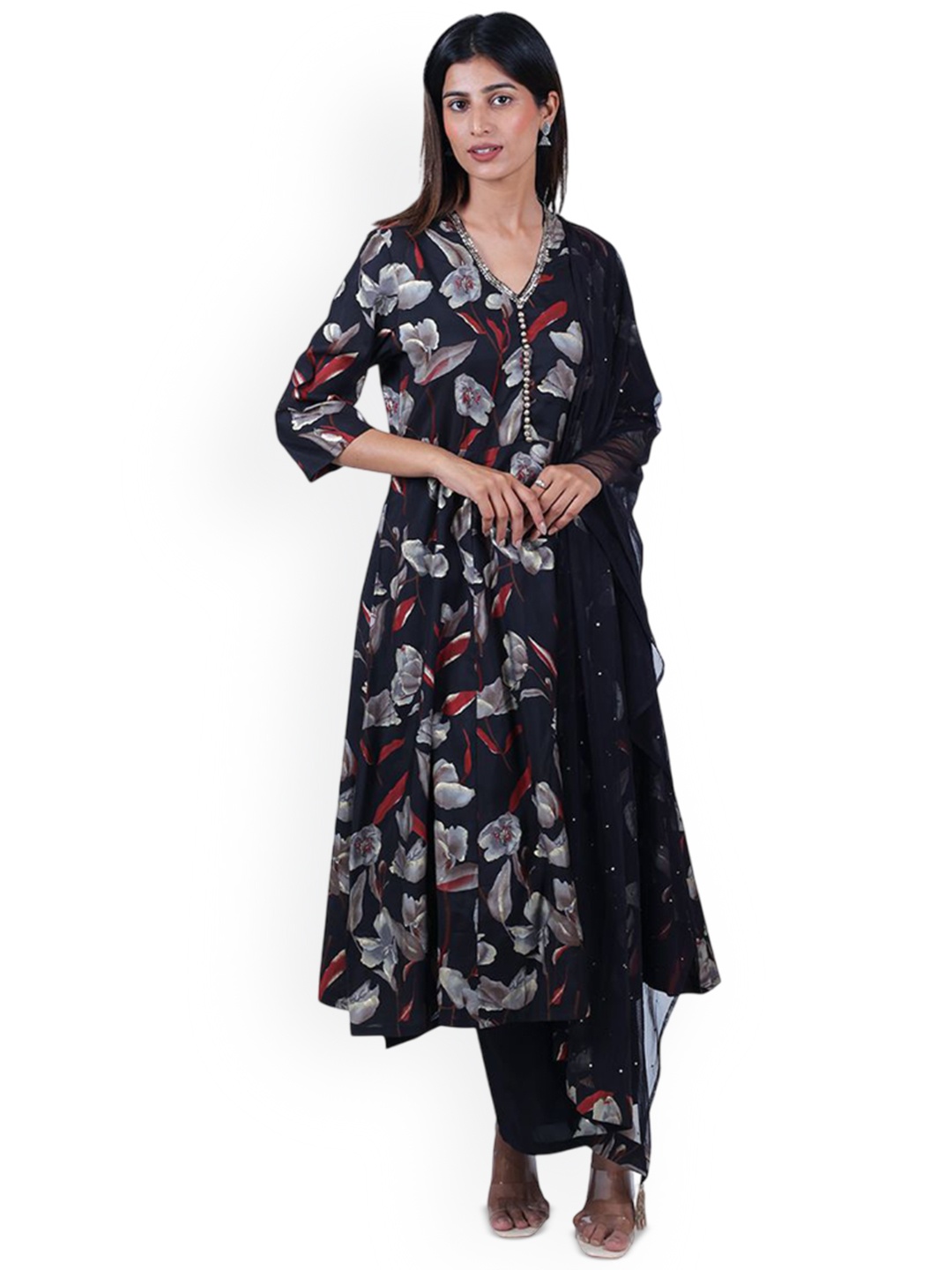 

HOUSE OF PARAL Floral Printed Anarkali Kurta with Palazzos & Dupatta, Black