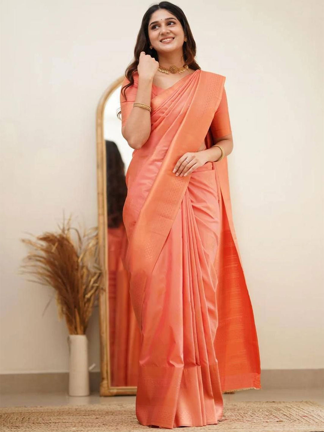 

bansari textiles Woven Design Zari Kanjeevaram Saree, Orange