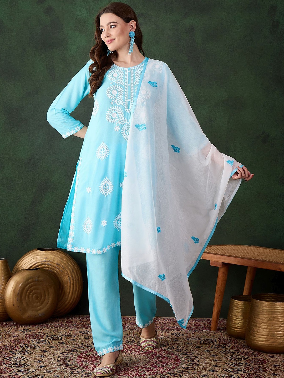 

KIMISHA Floral Embroidered Chikankari Straight Kurta with Trousers & Dupatta, Blue