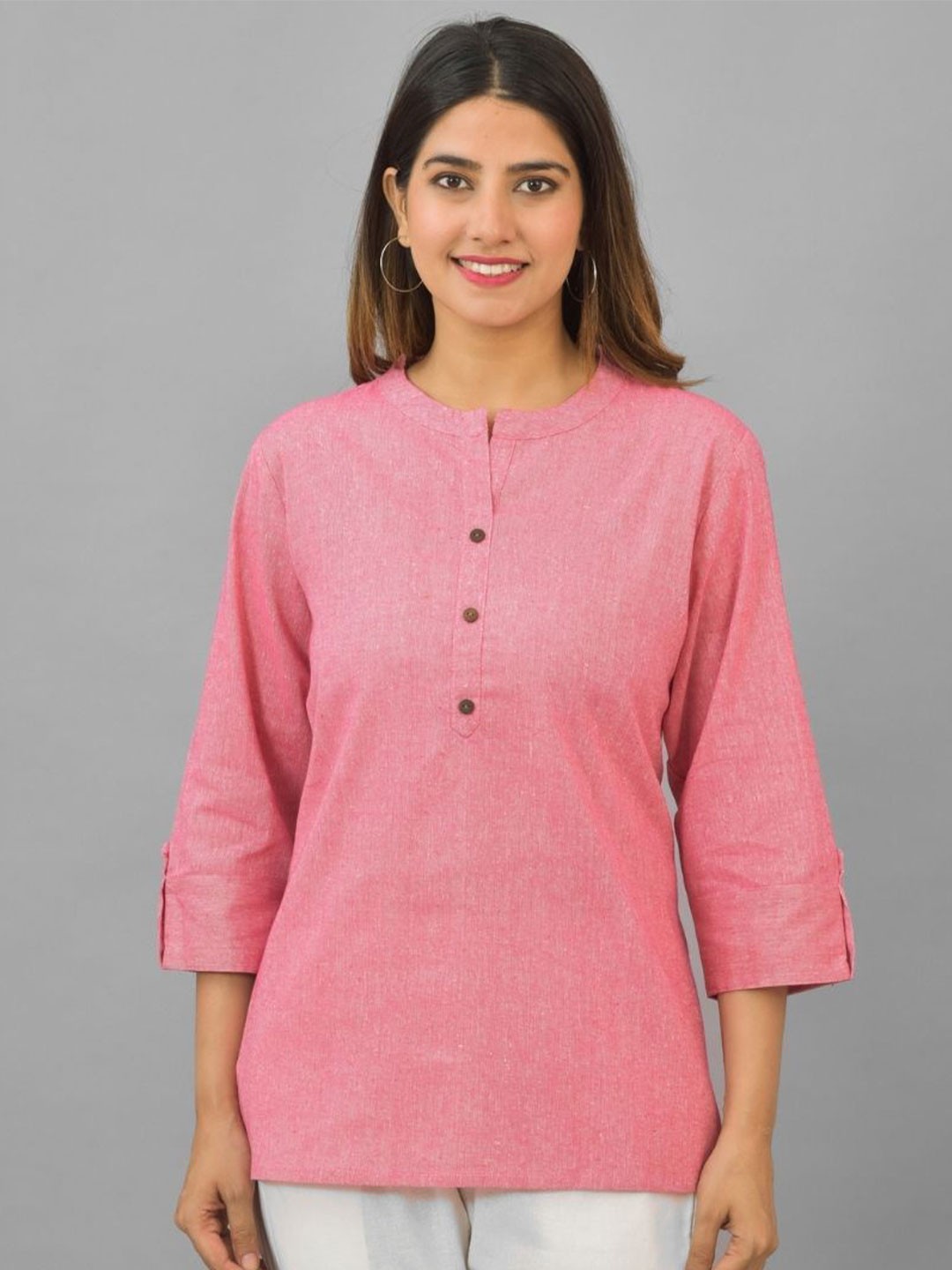 

Suha Women Mandarin Collar Roll-Up Sleeves Cotton A-Line Top, Pink
