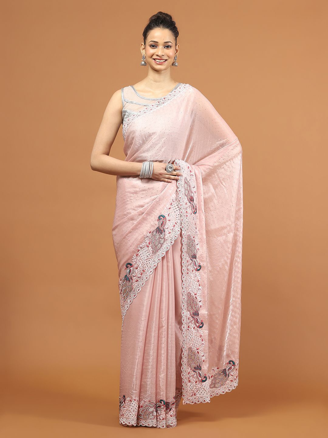 

Meena Bazaar Embellished Beads and Stones Organza Heavy Work Saree, Pink