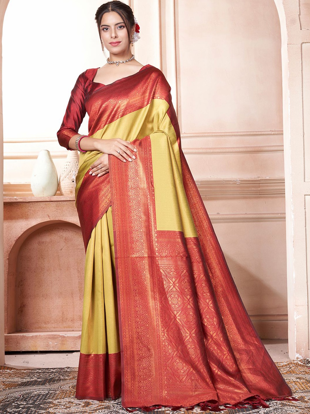 

Mitera Woven Design Zari Kanjeevaram Saree, Yellow