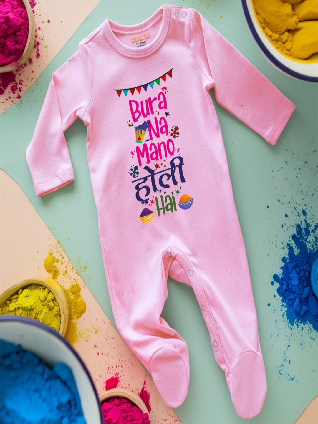 

FFLIRTYGO Infants Holi Printed Cotton Sleepsuit, Pink