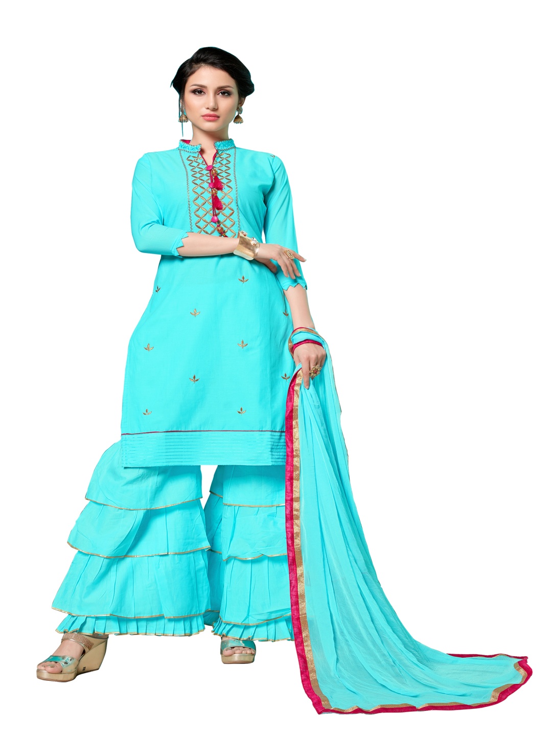 

HERE&NOW Floral Embroidered Unstitched Dress Material, Turquoise blue
