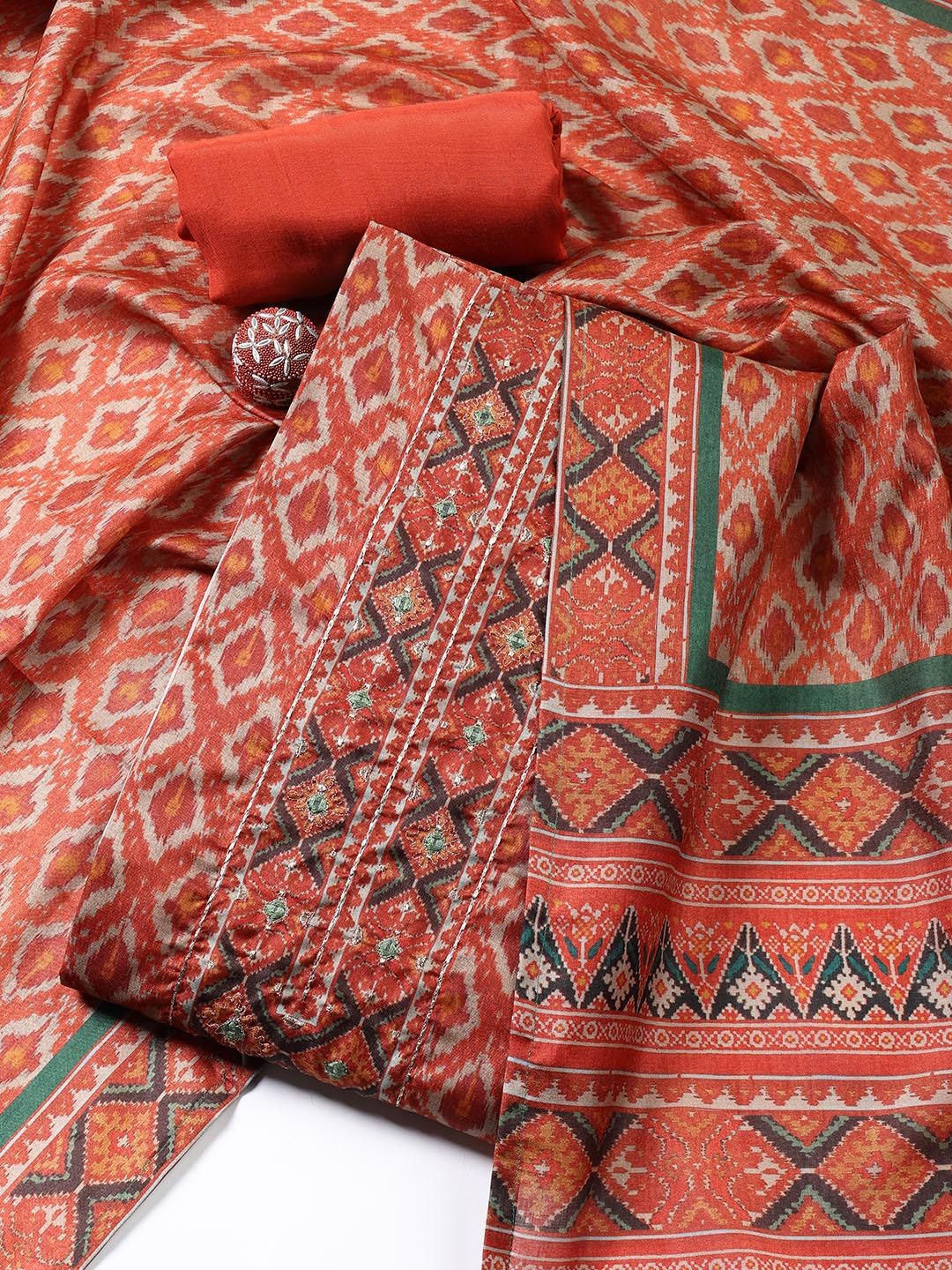 

Meena Bazaar Geometric Printed Chanderi Unstitched Dress Material, Rust