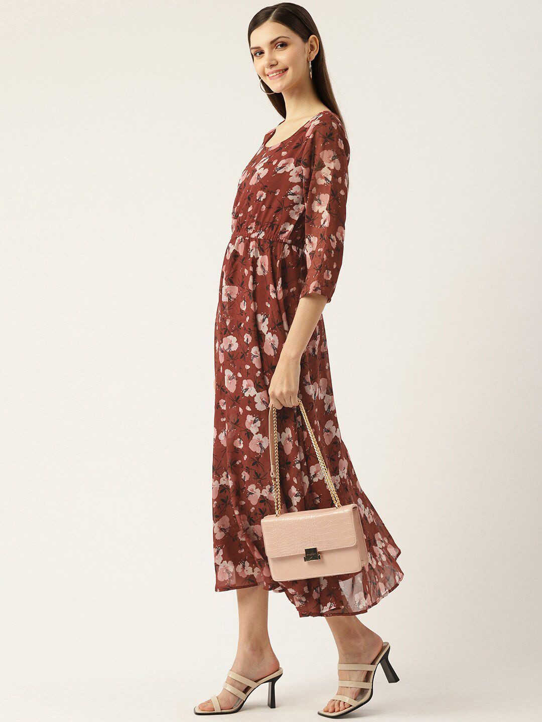 

DressBerry Floral Print Georgette A-Line Three-Quarter Dress, Maroon