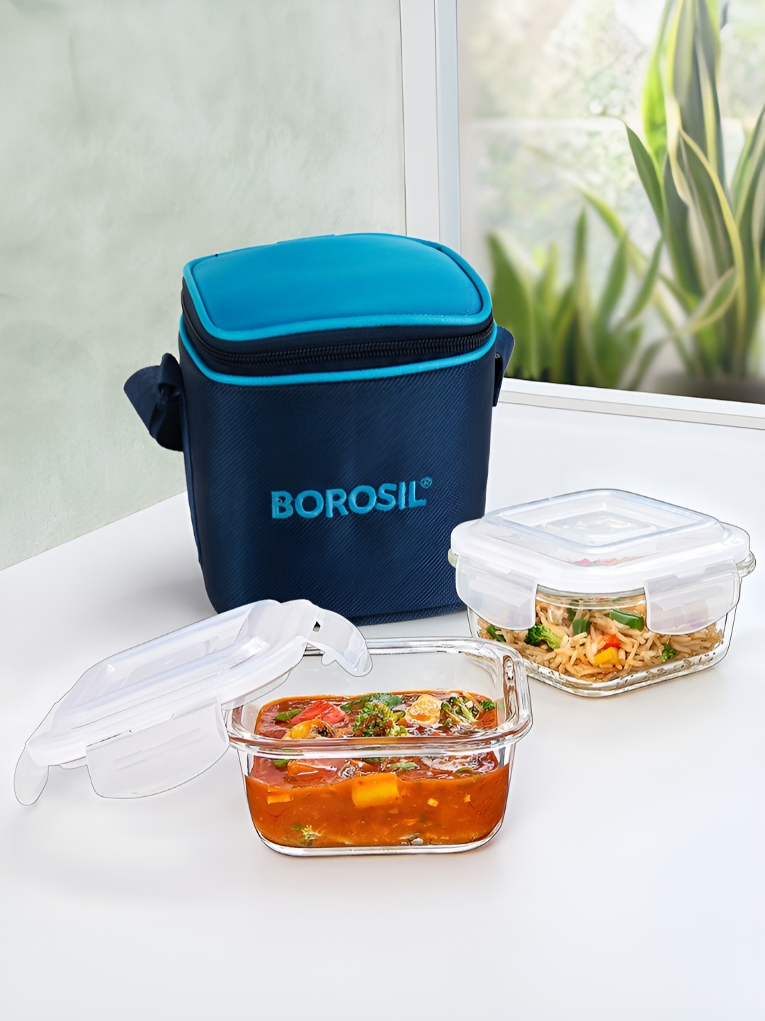 

BOROSIL Alfa Blue 2 Pieces Borosilicate Glass Square Containers Lunch Boxes With Bag