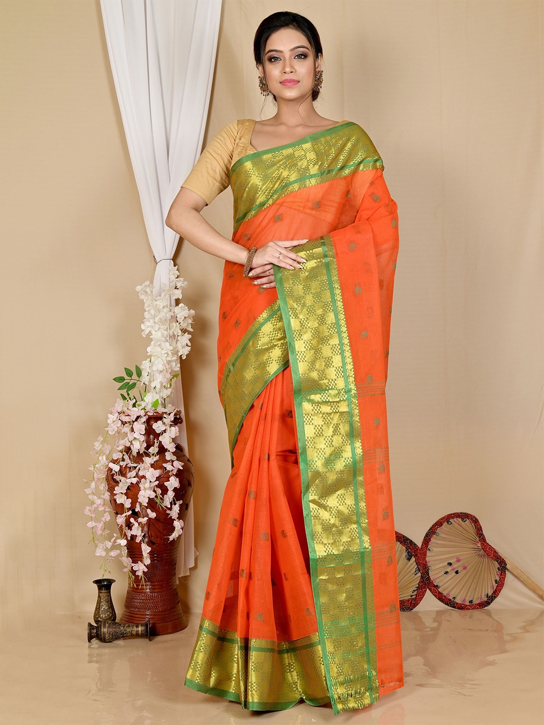 

DipDiya Woven Design Zari Pure Cotton Taant Saree, Orange