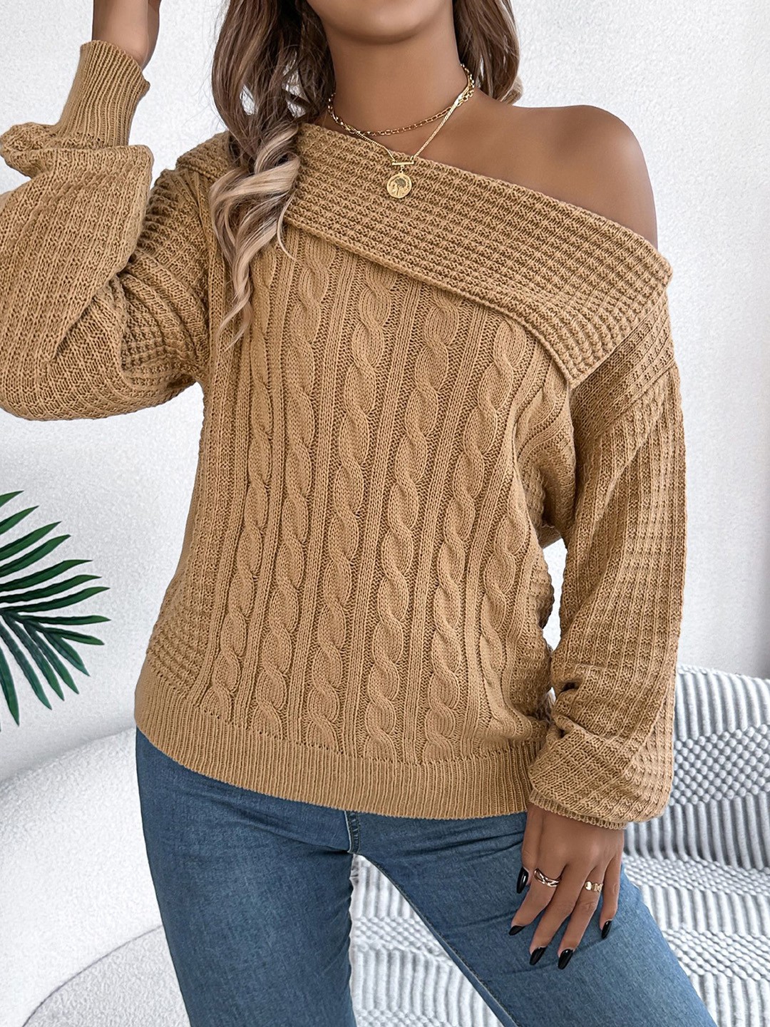 

StyleCast x Revolte Women Cable Knit Pullover, Khaki