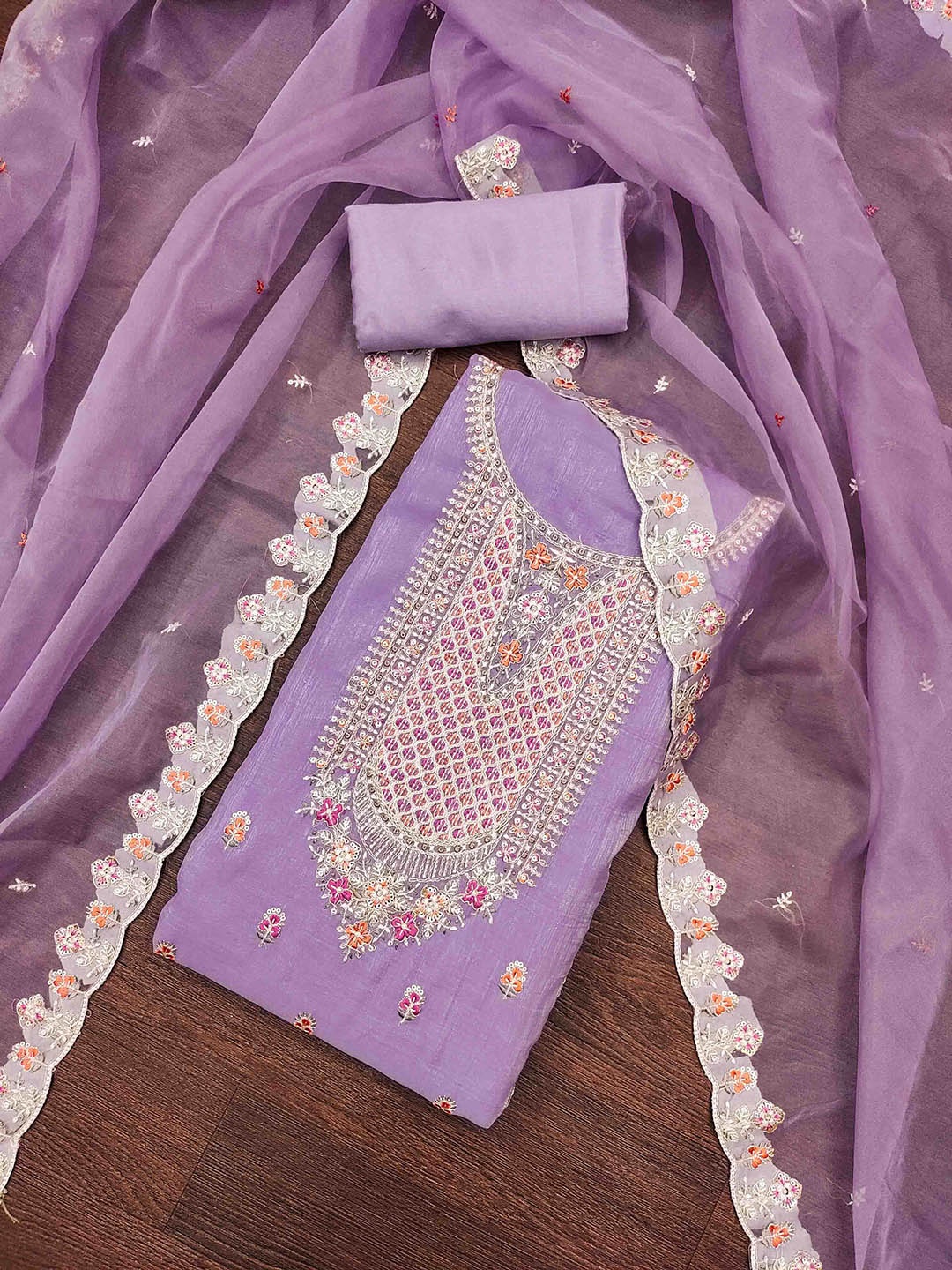 

KIMISHA Floral Embroidered Sequinned Unstitched Dress Material, Lavender