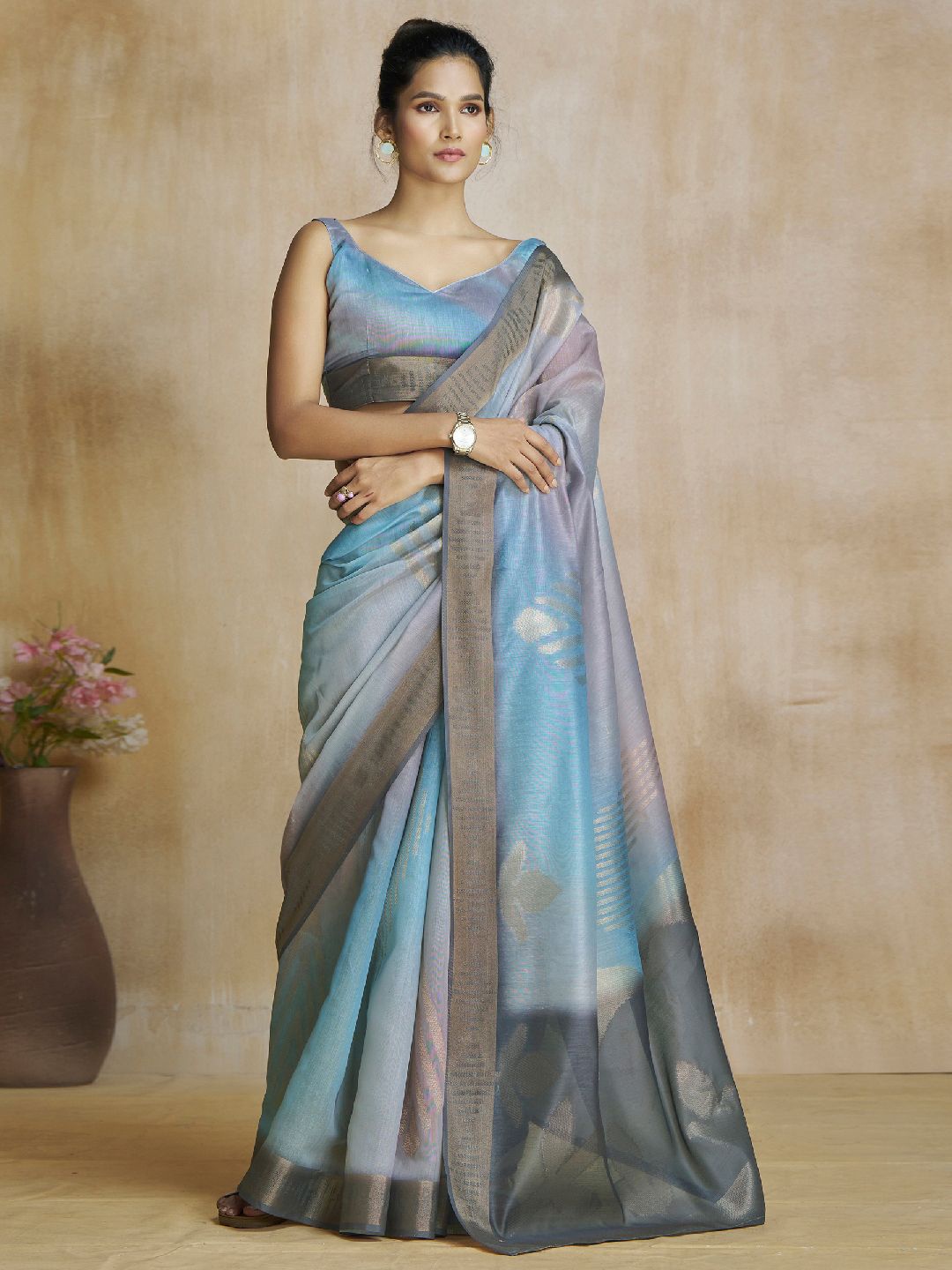 

Mitera Woven Design Zari Silk Blend Saree, Grey