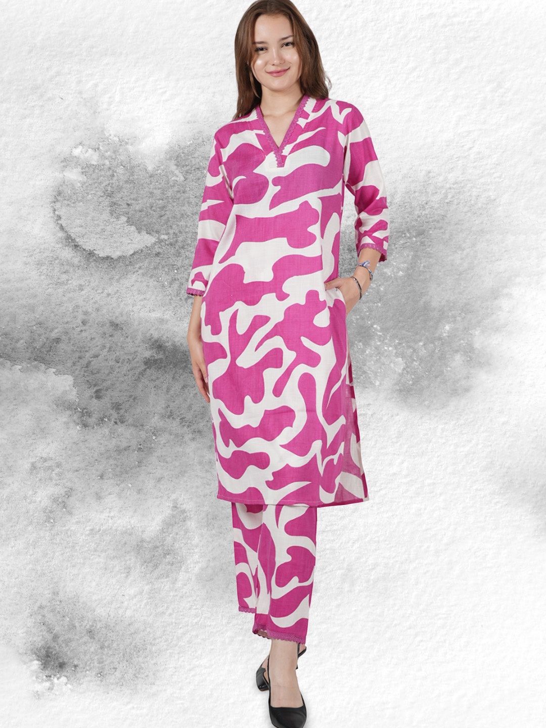 

NEYSA Abstract Printed V Neck Pure Cotton Tunic And Trouser, Rose