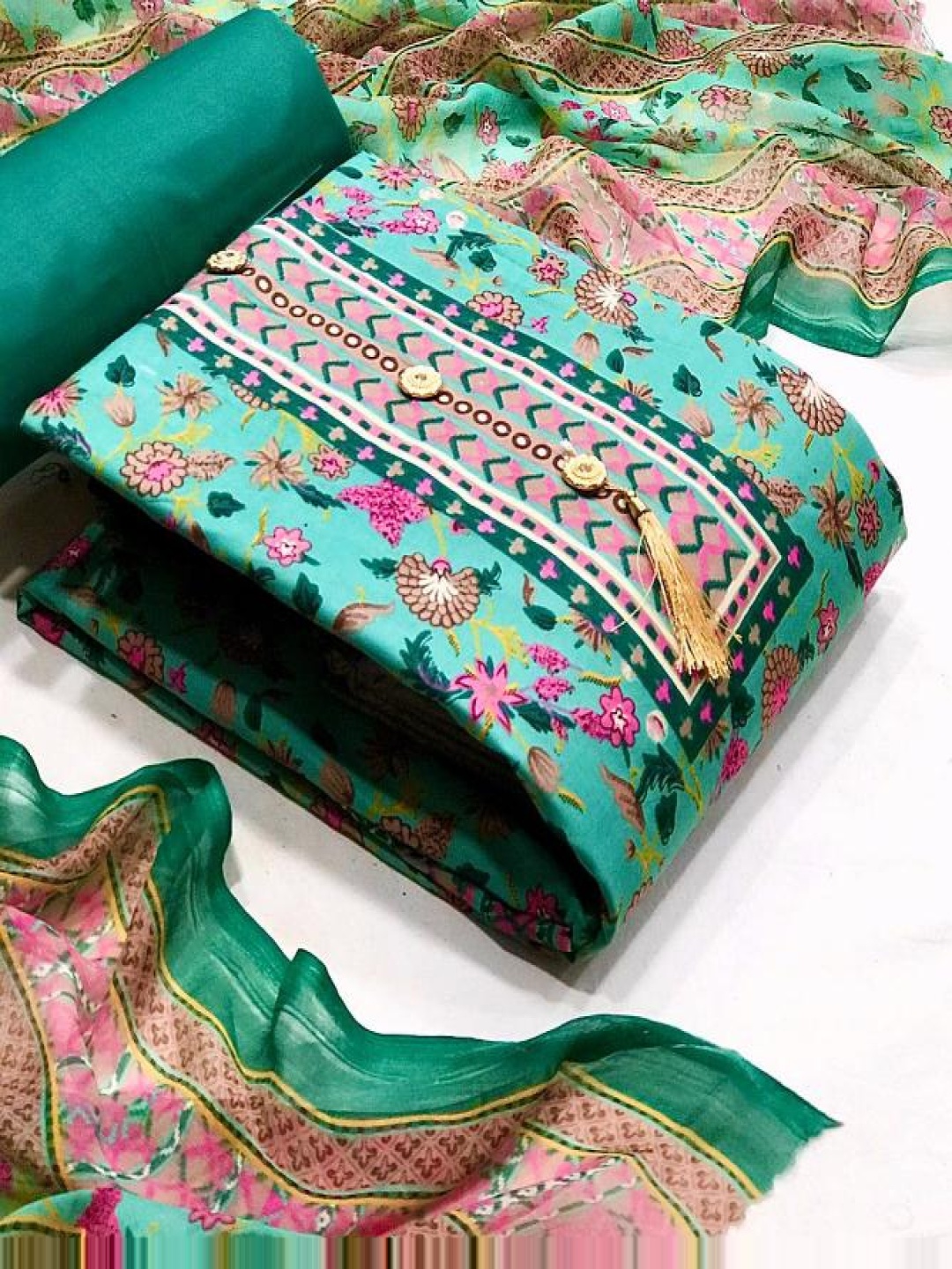 

KALINI Floral Printed Pure Cotton Unstitched Dress Material, Green