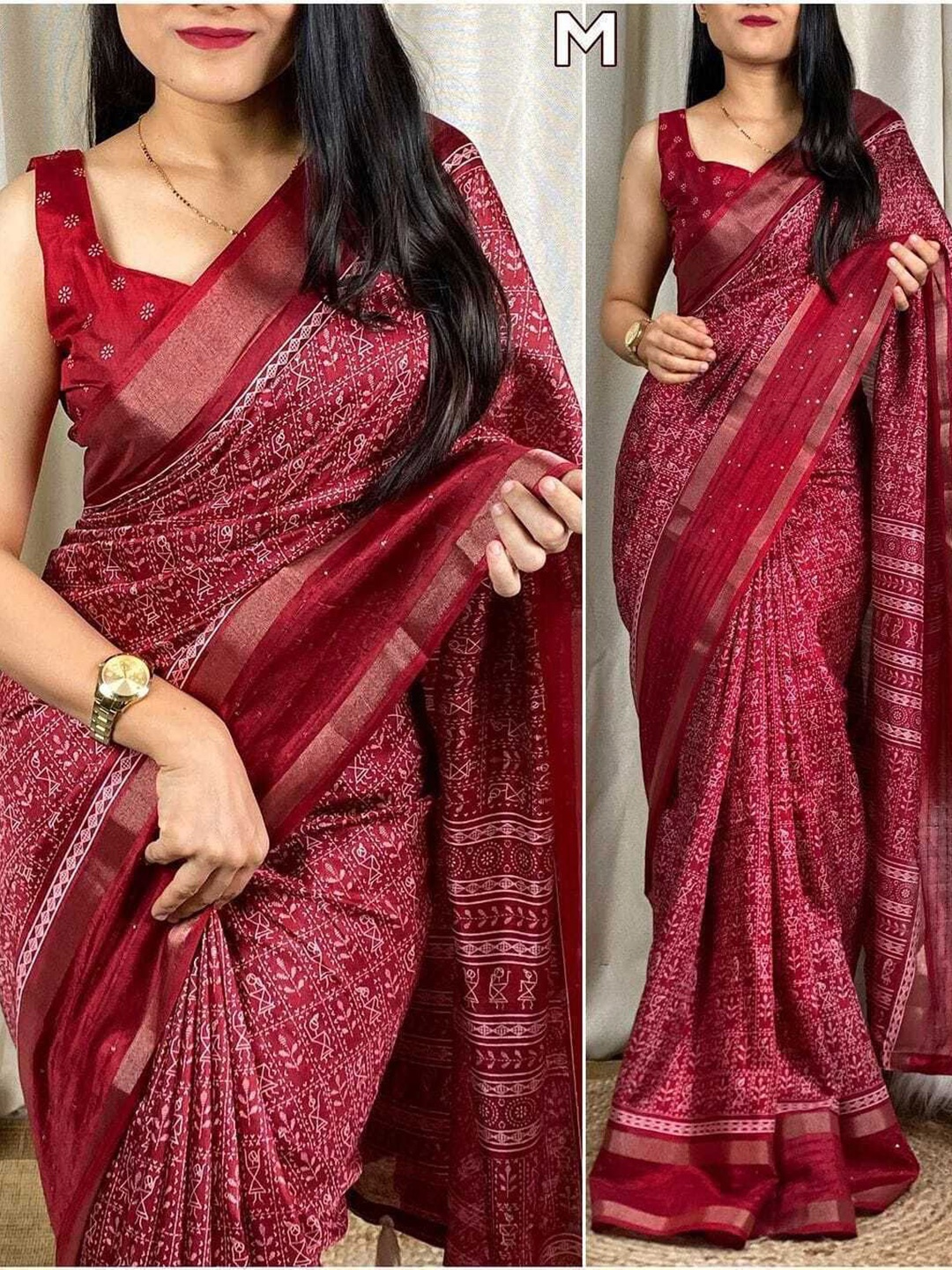 

bansari textiles Sequinned Pure Cotton Jamdani Saree, Maroon