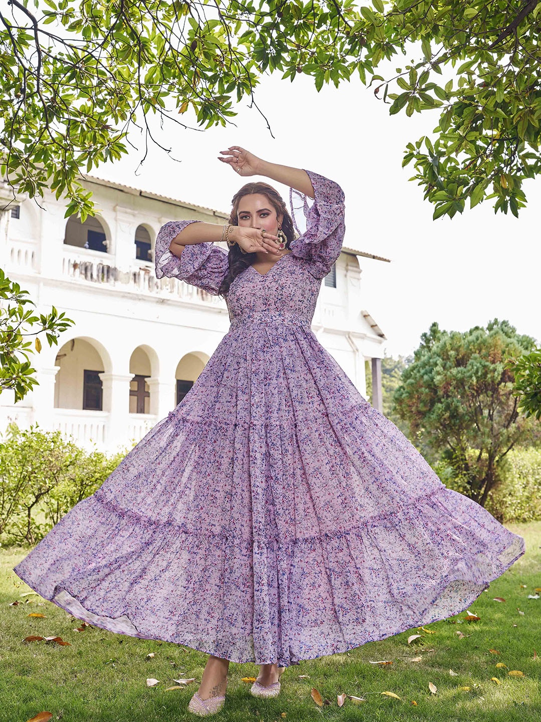 

Chandbaali Women Printed Fit & Flare Maxi Ethnic Dress with Belt, Pink