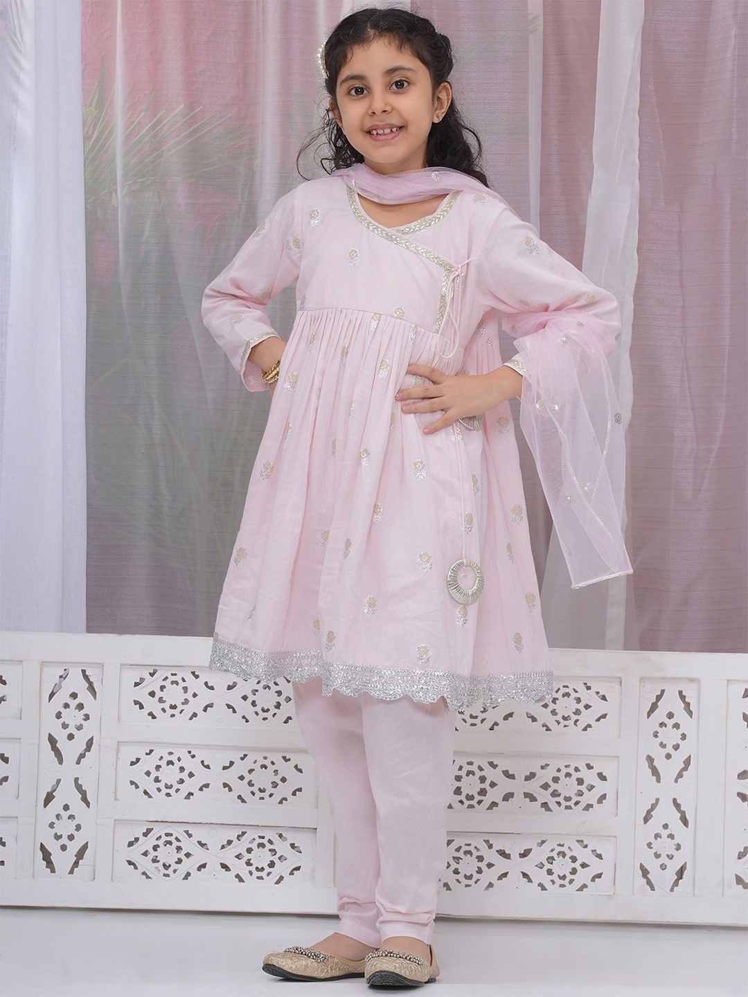 

Little Bansi Girls Floral Woven Design Pure Cotton A-Line Kurta with Salwar & Dupatta, Pink