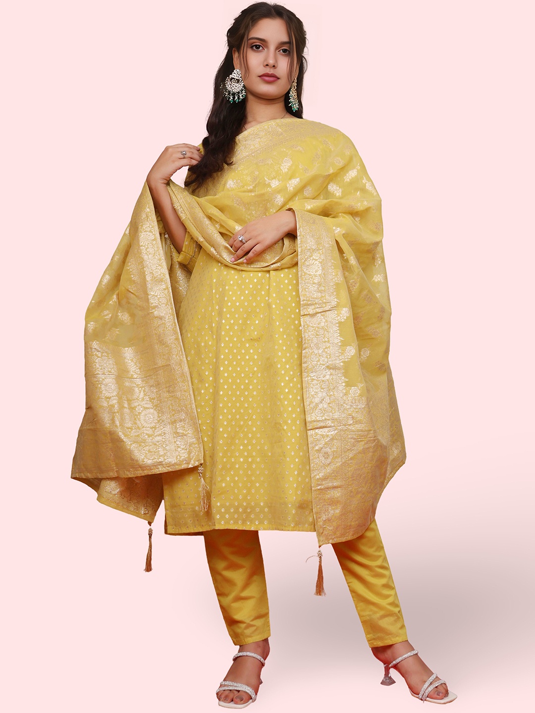 

Shreekama Women Ethnic Motifs Regular Kurta with Palazzos & With Dupatta, Mustard