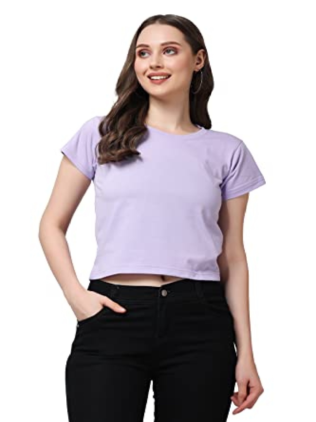 

NOTWILD Women Solid Round Neck Cotton T-shirt, Lavender