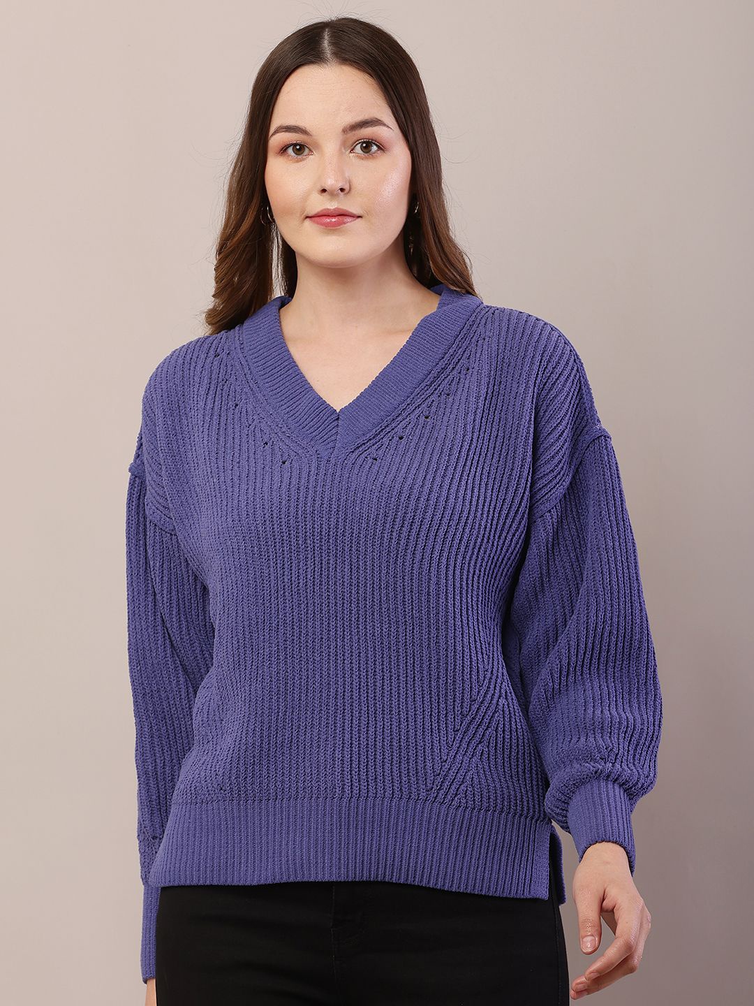 

NoBarr Women V-Neck Ribbed Pullover, Purple