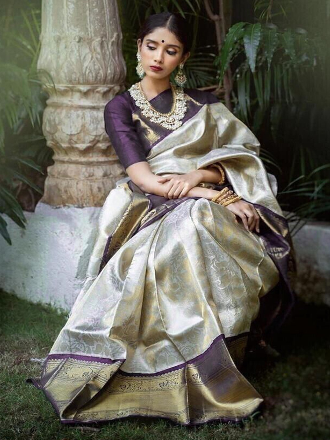 

bansari textiles Woven Design Zari Pure Cotton Kanjeevaram Saree, Cream
