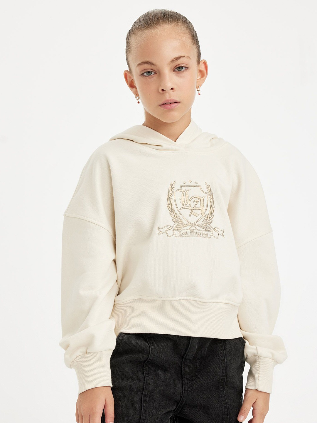 

DeFacto Girls Embroidered Hooded Pullover, White